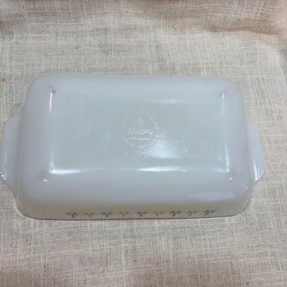 Vintage Fire-King Milk Glass Loaf Pan Starburst Atomic Blue Gold MCM Bakeware - Picture 7 of 8